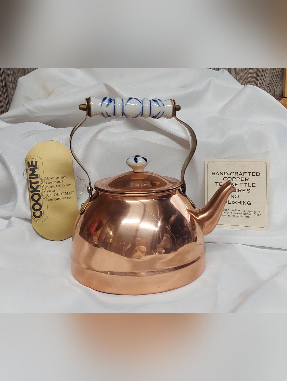 Vintage Cooktime Copper Tea Kettle Delft Blue White Ceramic Handle with Tags